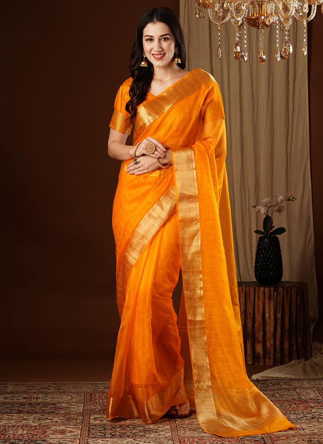 Organza Orange Party Wear Zari Work Saree